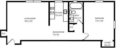 A floor plan of a home with a living room, dining room, kitchen, bathroom, and bedroom.